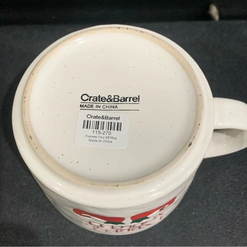 Crate & Barrel Express Your Elf Large Christmas Ceramic Mug Cup White Brand New